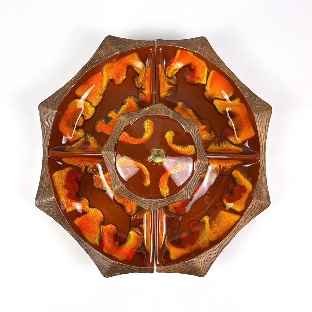 VTG MCM California Pottery Sequoia Ware 4 pc Condiment‎ Relish Chip Dip Set Lava - Picture 2 of 12